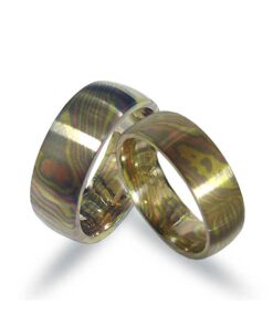Mokume Gane Trauringe aus Weissgold- Rotgold und Gelbgold (CEL133)