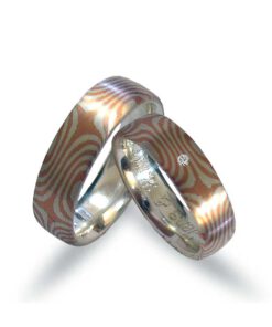 Gestülpte Mokume Gane Trauringe,Silber-Kupfer mit Diamant (NMG08)