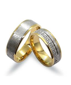 Eismattierte Trauringe-Eheringe, Weiss- und Gelbgold 585, mit Diamanten (GTR033)